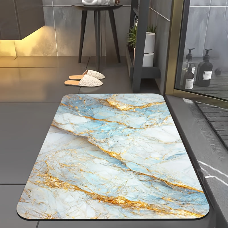 1pc Diatomite Bath Mat with Blue Golden Marble Print Design, Quick-Dry Non-Slip Absorbent Floor Mat, Soft and Comfortable for Bathroom, Shower, Laundry Room, Bedroom, Doorway, Kitchen, RV Bathroom, Bathroom, Bath Matts for Bathroom, Non Slip Bathtub Mat,