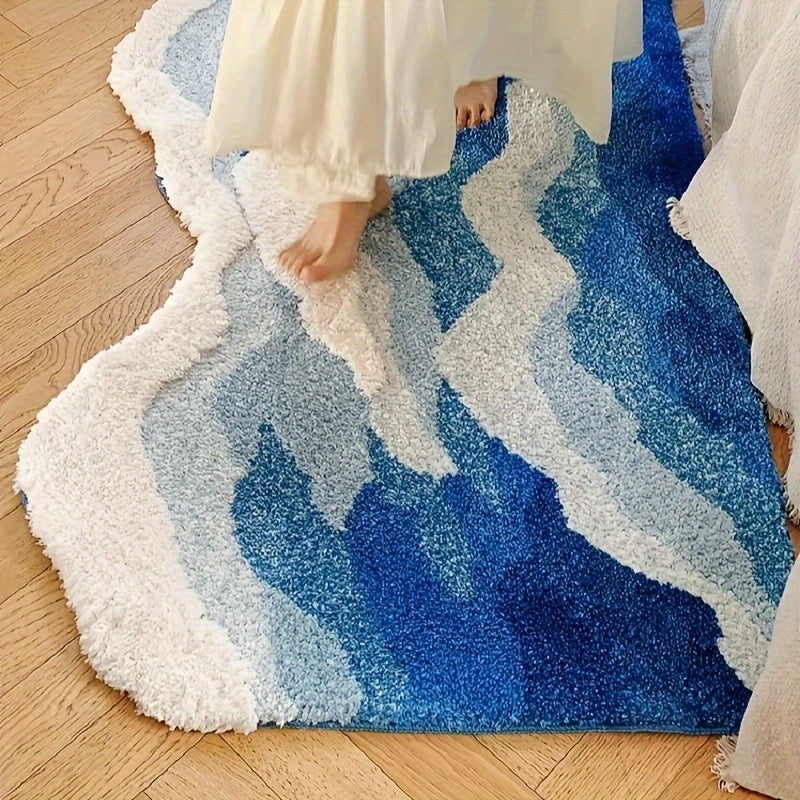 Thick Ultra-Soft Tufted Rug - Blue Ocean Wave, Non-Slip TPR Backing, Absorbent for Bathroom & Living Room Decor