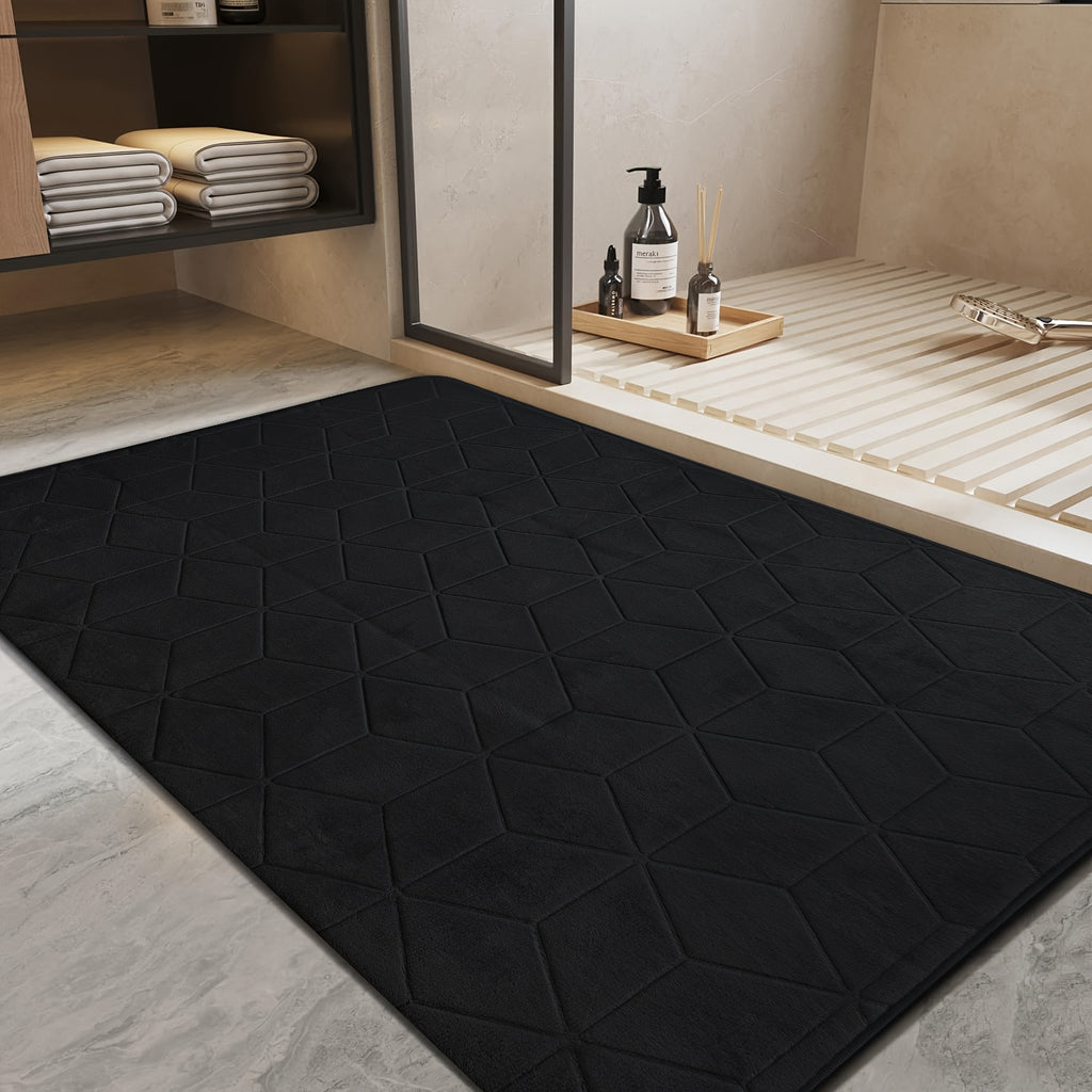 [Thickened Memory Foam Bath Rug] 1pc Thickened Memory Foam Sponge Bath Rug | Fast Absorbent, Washable, Non-Slip Shower Mat with Geometric Pattern, Durable Polyester Blend - Ideal for Bathroom, Kitchen, and Living Room