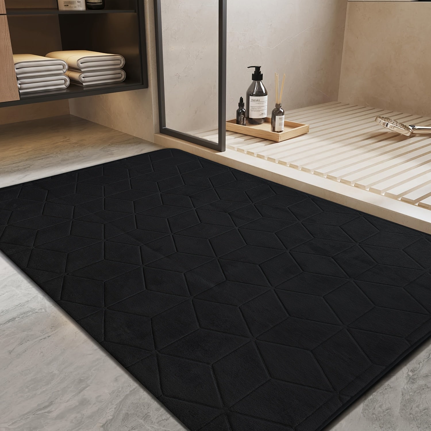 [Thickened Memory Foam Bath Rug] 1pc Thickened Memory Foam Sponge Bath Rug | Fast Absorbent, Washable, Non-Slip Shower Mat with Geometric Pattern, Durable Polyester Blend - Ideal for Bathroom, Kitchen, and Living Room