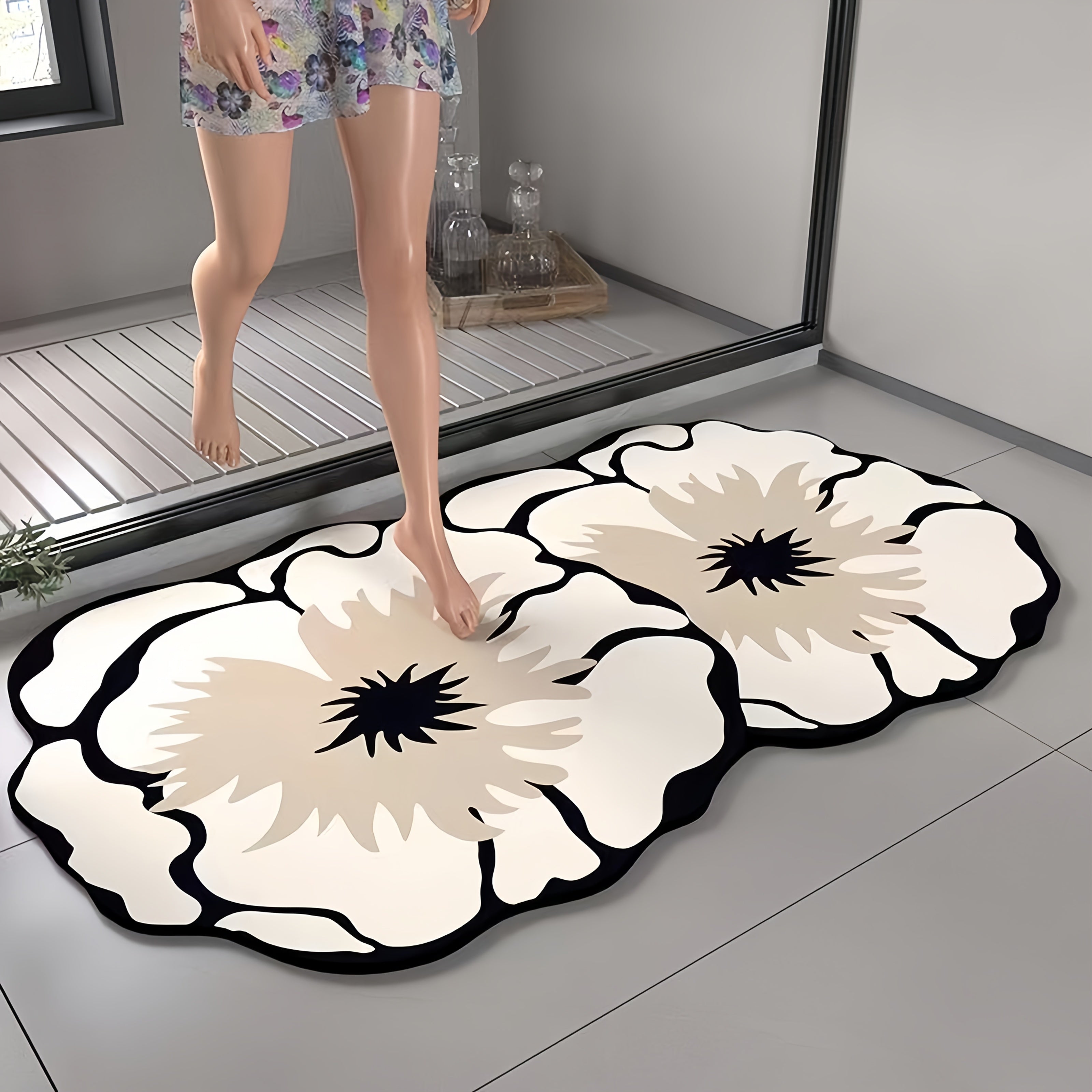 [Quick-Dry Floral Bath Mat] 1pc Super Absorbent Quick-Dry Floral Diatomaceous Earth Bath Mat | Non-Slip Soft Shower Mat with Rubber Backing, Decorative Floor Mat for Bathroom, Easy to Clean, 1200gsm, Hand Wash Only